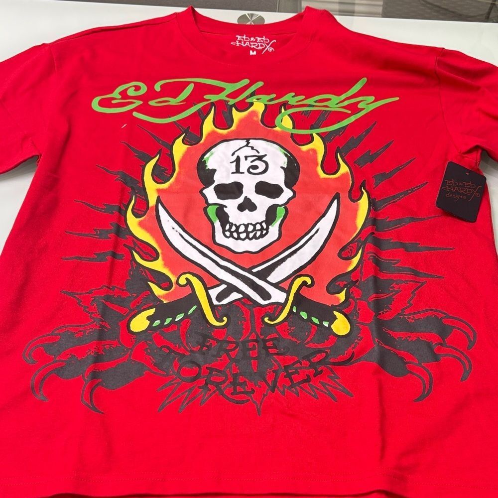 Ed Hardy Red T-Shirt with Skull and Flames